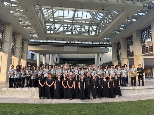 The full Kūlanihākoʻi Concert Band and Choir assembled on the steps of the Maui Arts and Cultural Center.